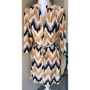 Tacera Dress Womens Small Beige Blue Black Chevron Pintuck Mandarin Collar